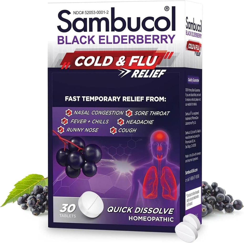Sambucol Cold and Flu Relief Tablets - Homeopatyczna Cold Medicine, Remedy dla dorosłych, Black Elderberry for Colds, Cynk Remedy - 30 Count