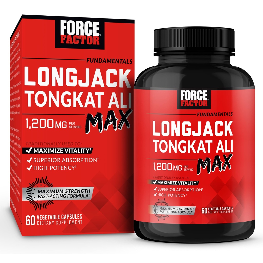 Force Factor Longjack Tongkat Ali Max for Men, Male Stamina and Vitality Supplement Made with Tongkat Ali Extract and Key Natural Ingredients for Superior Absorption, 1200mg, 60 Capsules