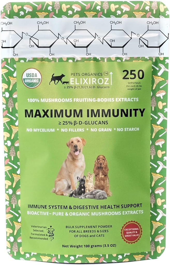 Maksymalna odporność > 25% β- glukan 100% Grzyby Fruiting Body Extracts, Veterinarian Recipe for Dogs & Cats Immune, Digestive, Witaminy, Probiotyki, z indyka Ogon, Reishi ekstrakty. 250 Służenia