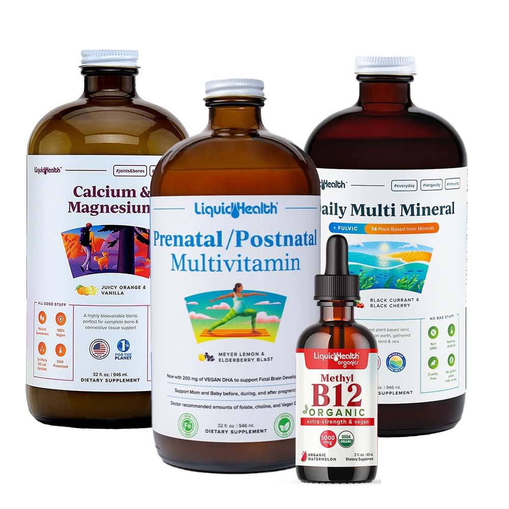 LIQUIDHEALTH Kobiece zdrowie i witalność Codzienne płynne Multivitamin Bundle z prenatalne / poporodowe Multivitamine, Wapń & Magnez, Daily Multi Mineral, & Organic witaminy B12 Dropy - USA Made, Non-GMO