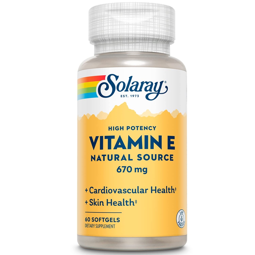 SOLARAY Witamina E 1000 IU Softgel Kapsułki, 670 mg - d Alpha Tocoferol Witamina E Suplementy - Zdrowie skóry, Funkcje serca i wsparcie przeciwutleniające - 60- Day Guarantee - 60 Służb, 60 Softgels