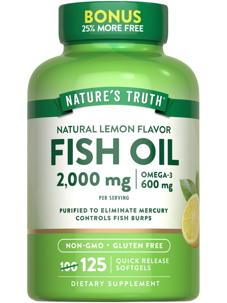 Nature 's Truth Omega 3 Fish Oil 2000 mg Next 124; 125 Liquid Softgels Next 124; Burless, Lemon Flavor Pills Next 124; Non-GMO and gluten Free Supplement
