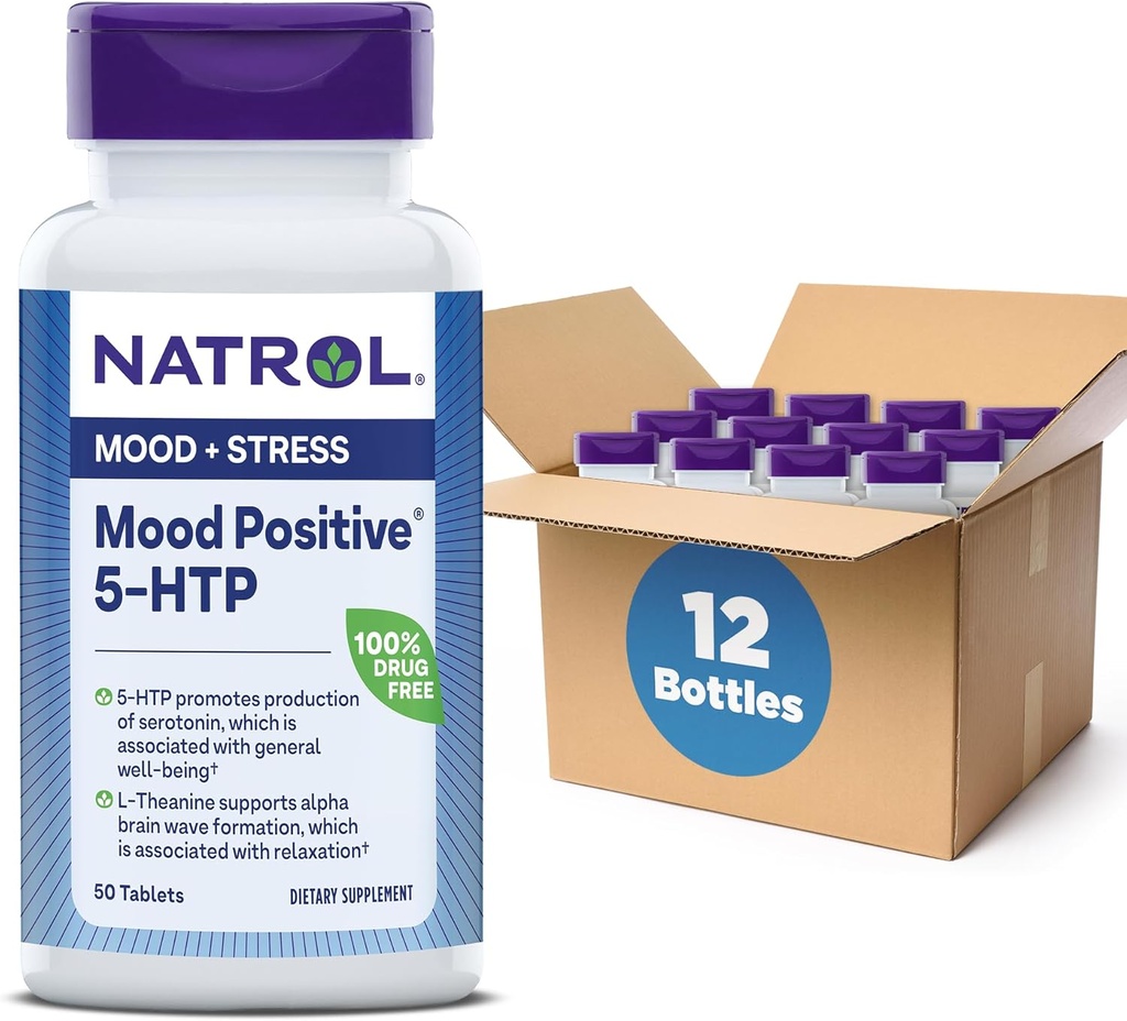 Natrol Mood Pozytywny 5- HTP 50mg z L- Theanine, Witamina B6, Witamina B12 i Folate, Suplement diety Pomaga Pozytywny Mood, 50 Tabletki, 25- 50 Day Supply (Opakowanie 12)