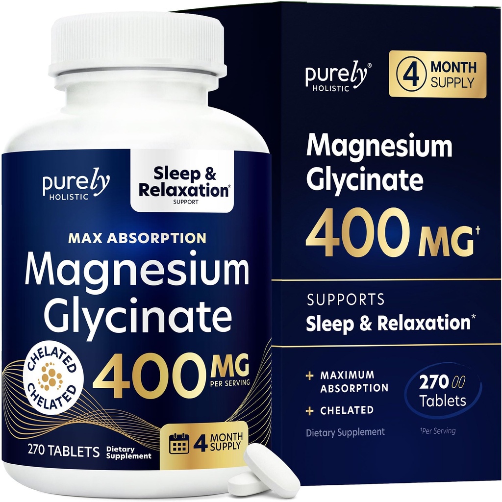 Magnezu Glicynian 400mg - 270 tabletek magnezu (nie kapsułki) - 400 mg Magnezu pierwiastkowego - Wysoce Biodostępny - Wegański i Wegetariański - do poprawy snu, Stres Relief & Cramp Defense