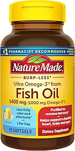 Nature Made Burp- Mniej Ultra Omega-3 z oleju rybnego 1400 mg, Suplement diety dla zdrowego wsparcia serca, 45 Softgels, 45 Day Supply