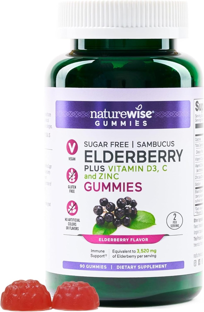 NatureWise Sambucus Elderberry Gummies - Cukier - Daily Immune Supplement for Kids and Adult *, z witaminą C, D3, Cynk - Wegan, Gluten Free, Non-GMO - 90 Count [45- Day Supply]