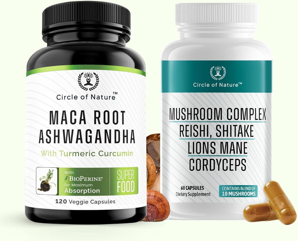 Maca Root Ashwagandha & Mushroom Suppliment Zawiera Lwy Mane, Cordyceps, Reshi, Shitake