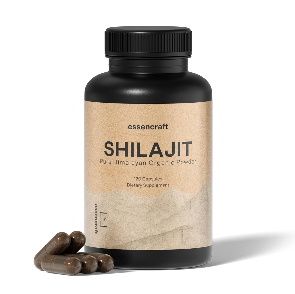 Ekstrakt organiczny Himalayan Shilajit Resin - 1000mg Max Potency, Lab Tested Pure Shilajit dla mężczyzn i kobiet, 85 + Ślad Minerałów Fulvic Acid, Immune Support, Energy, Cognition, 2 Month Supply, 120 Kapsułki