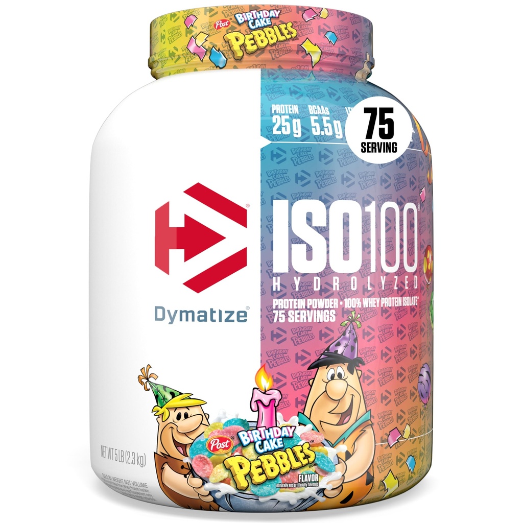 Dimatize ISO100 Proszek proteiny serwatki Isolate, Tort urodzinowy, 25g białka, 5 Funt, 5,5g BCAA, Mniej niż 120 Cal., Gluten Free, 1g tłuszczu, 1g cukru, 2g Carb (75 Sług)