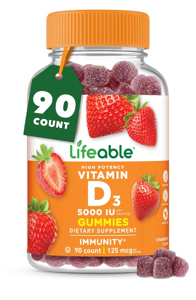 Witamina D Gumiaki dla dorosłych 124; 5000 IU 124; Great Tasting D3 Witamina 124; Wsparcie immunologiczne i zdrowe kości Suplement witaminy D dla mężczyzn, Kobiety 124; 90 Gumiaki Xia124; Żywe