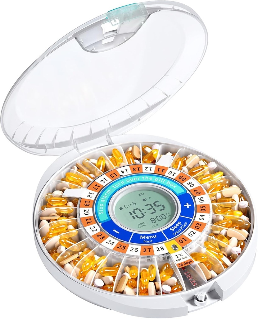 Daviky Automatic Pill Dispenser dla osób w podeszłym wieku z alarmem, 28-dniowy elektroniczny zamykany pióro Box, Sound & Light Reminders for Medication, Vitamin i suplementy Pomarańczowy