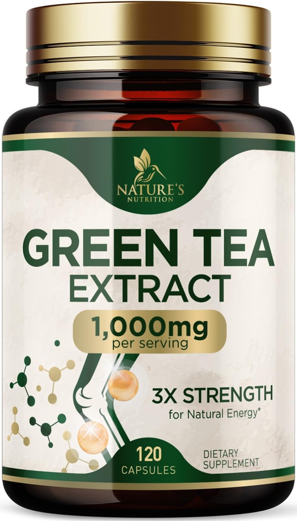 Ekstrakt zielonej herbaty kapsułki 1000 mg - Standaryzowane 45% EGCG & 98% Polifenole - 3X Siła Green Tea Pills for Natural Energy - Pomaga Heart Health, Suplement ziołowy, Wegan, Non-GMO - 120 Kapsułki