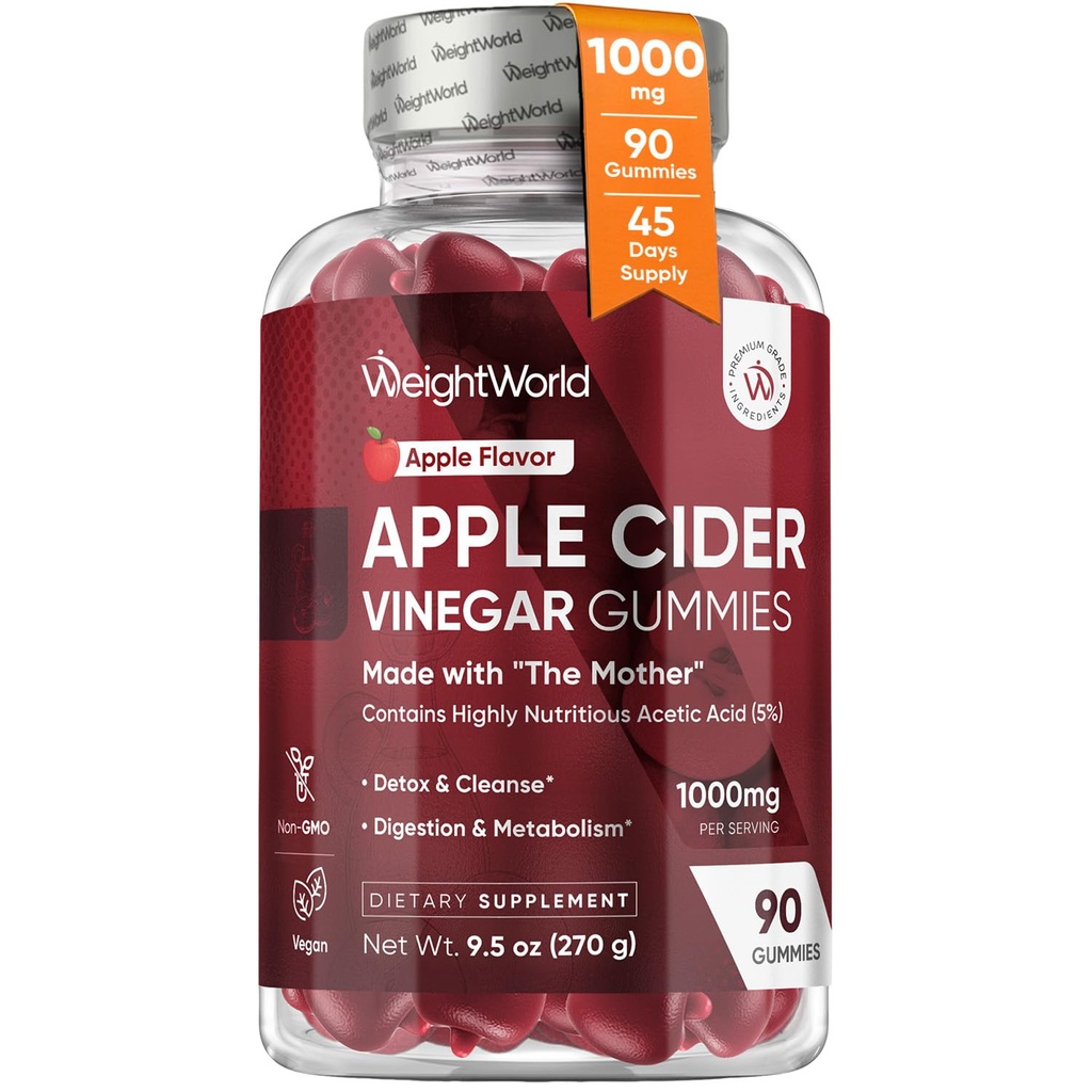 WeightWorld Jabłko Cydr Gummie z Matką 1000mg - 90 Gummies - Dodano witaminę B6, B12, B9 (Kwas foliowy) & C dla detox, Czyszczenie, trawienie i metabolizm - Pyszne naturalne aromat jabłkowy