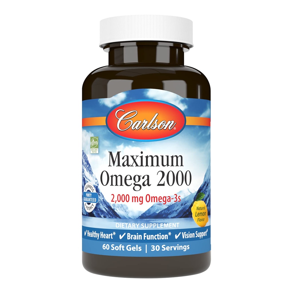 Carlson - Maximum Omega 2000, 2000 mg Omega-3 Kwasy tłuszczowe w tym EPA i DHA, Wild- Caught, Norweski suplement oleju rybnego, zrównoważone sourced Fish Oil Capsules, Lemon, 60 Softgels