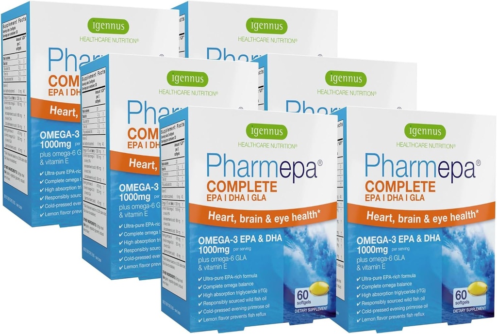 Igennus Pharmepa Complete EPA 668mg & DHA 334mg Omega- 3 Kwasy tłuszczowe 1000mg, IFOS Certified, rTG Form, High Potency Fish Oil Plus Omega- 6 & 9 z GLA Evening Primrose Oil, Lemon Flavor, 360 Softgels