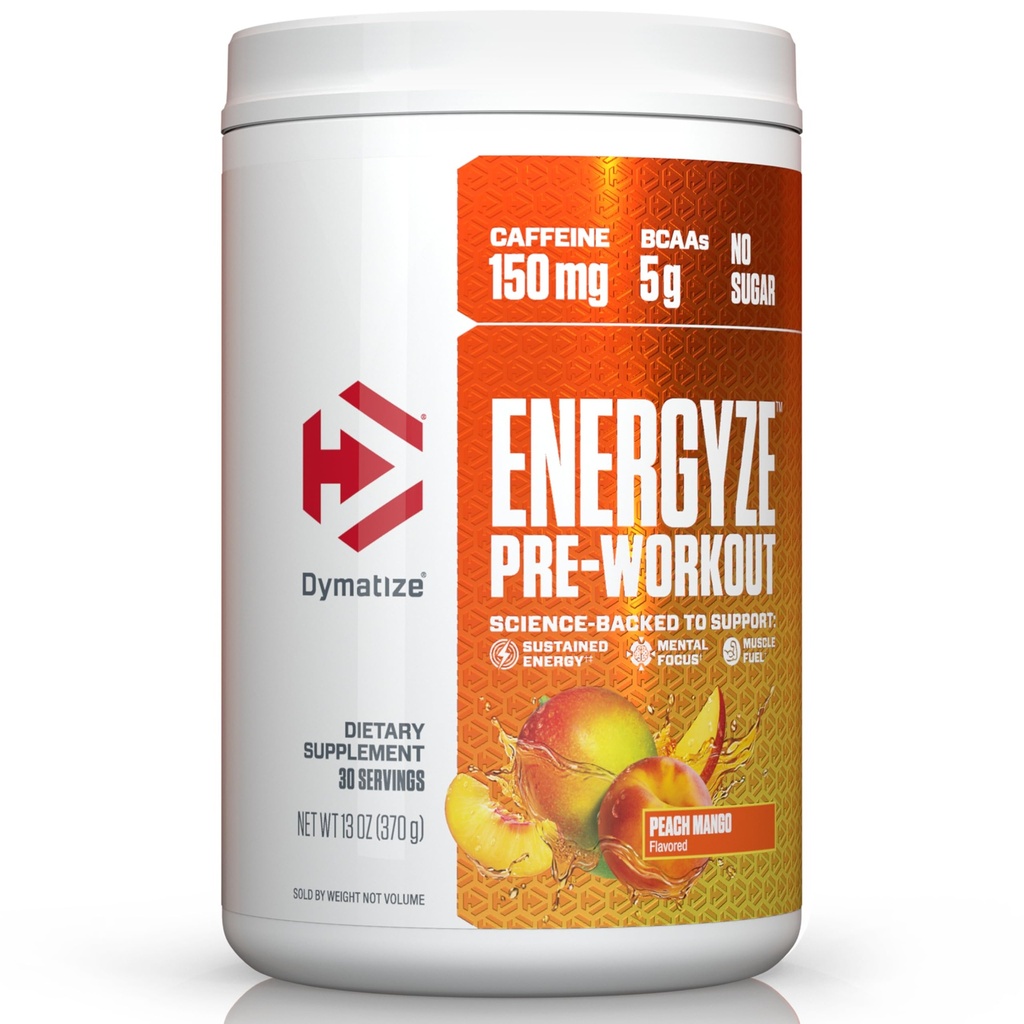 Dimatize Energyze Pre Workout proszek dla mężczyzn i kobiet, Peach Mango, 150mg kofeiny, 5g BCAA, Performance blend of L- Theanine, L- Tyrosine, L- Citruline, No Sugar (30 Servings)