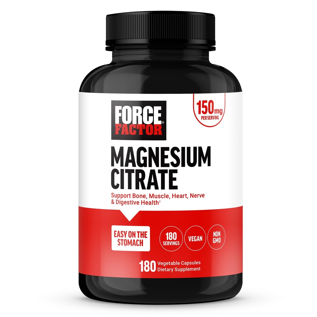 Force Factor Magnezu Citrate, Magnezu Suplement dla kobiet i mężczyzn do wspierania kości, mięśni, Nerwy, trawienie, i Heart Health, Easy on the Stomach, Wegan, 6- Miesiąc dostaw, 180 Kapsułki