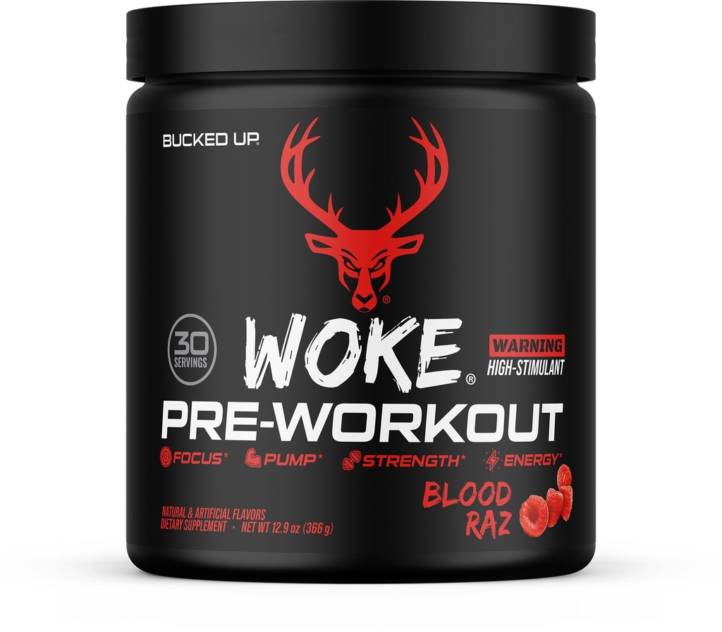 Bucked Up - Wake - HIGH STIM Pre Workout - Najlepsze degustacje - Focus Nootropic, Pompa, Siła i Wzrost, 30 Sług (Blood Raz)