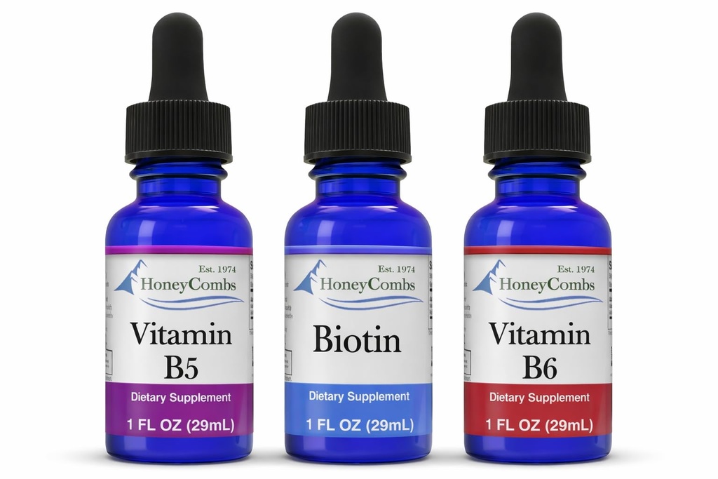 HoneyCombs Liquid Drops 1oz Each Save 10% - Witamina B7 (Biotin) + Witamina B5 (Kwas pantotenowy) + Witamina B6 (Pirydoksyna)