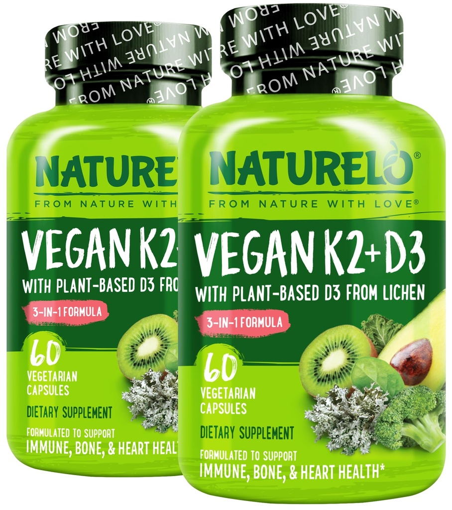 NATURELO Witamina D3 K2 - Wegan K2 + D3 z rośliną na bazie D3 z Lichen - Naturalny suplement D3 dla układu immunologicznego, wsparcie kości, Heart Health - Whole Food - Non-GMO - Gluten Free, 60 kapsułek (Opakowanie 2)