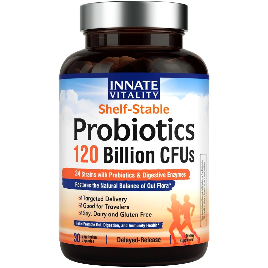 Innate Vitality Probiotics 120 Miliard CFU dla mężczyzn i kobiet, 34 Szczepy z Prebiotyki & Enzymy trawienne, Immune & Digestive Health, Opóźnione wydanie, Szafka Stable, 30 Kapsułki wegańskie