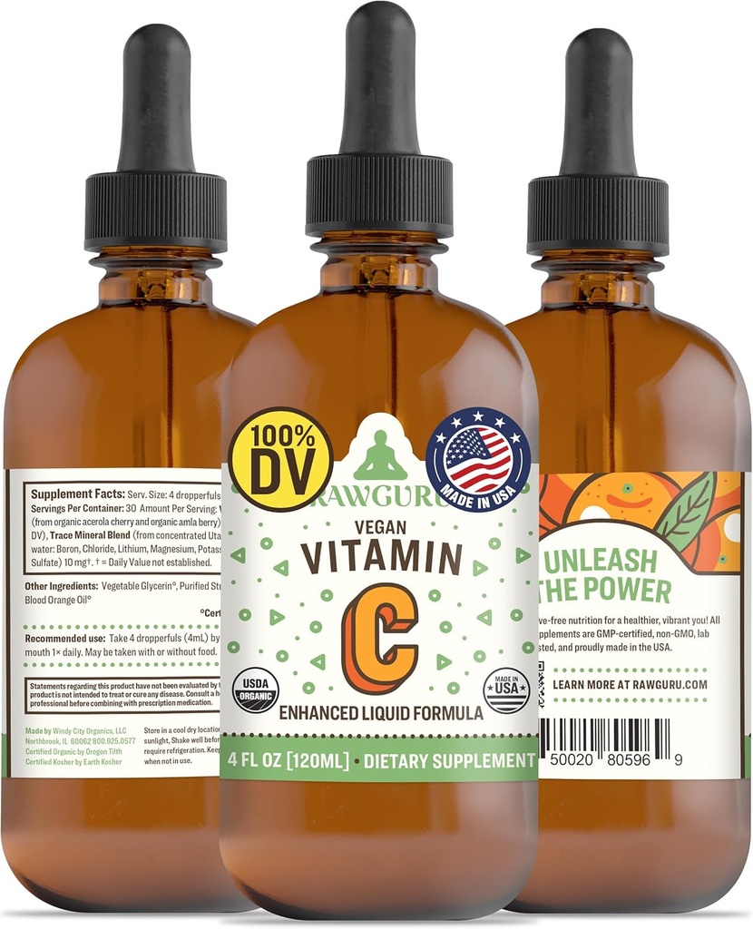 RawGuru Organic Witamina C nalewka - Płynna Witamina C z minerałami śladowymi - Nanoprocesowany przeciwutleniacz i suplement immunologiczny nalewka - 30 Podawanie kropli wegańskich na 120 ml, Opakowanie 1