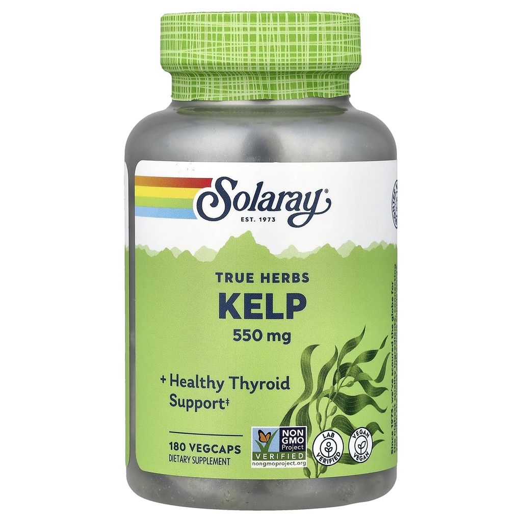 Solaray Kelp 550 mg z kwasem foliowym dla zdrowej funkcji tarczycy, Energia & Metabolizm Wsparcie 124; NieGMO 124; 180 VegCaps