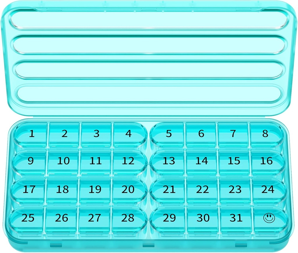 Zoksi Monthly Pill Organizer 1 Times a Day, 30 Day Pill Box Organizator, One Month Pill Case for Travel, 31 Daily Daily Medcine Container for Vitamins, Supplement & Medication (Cyan)