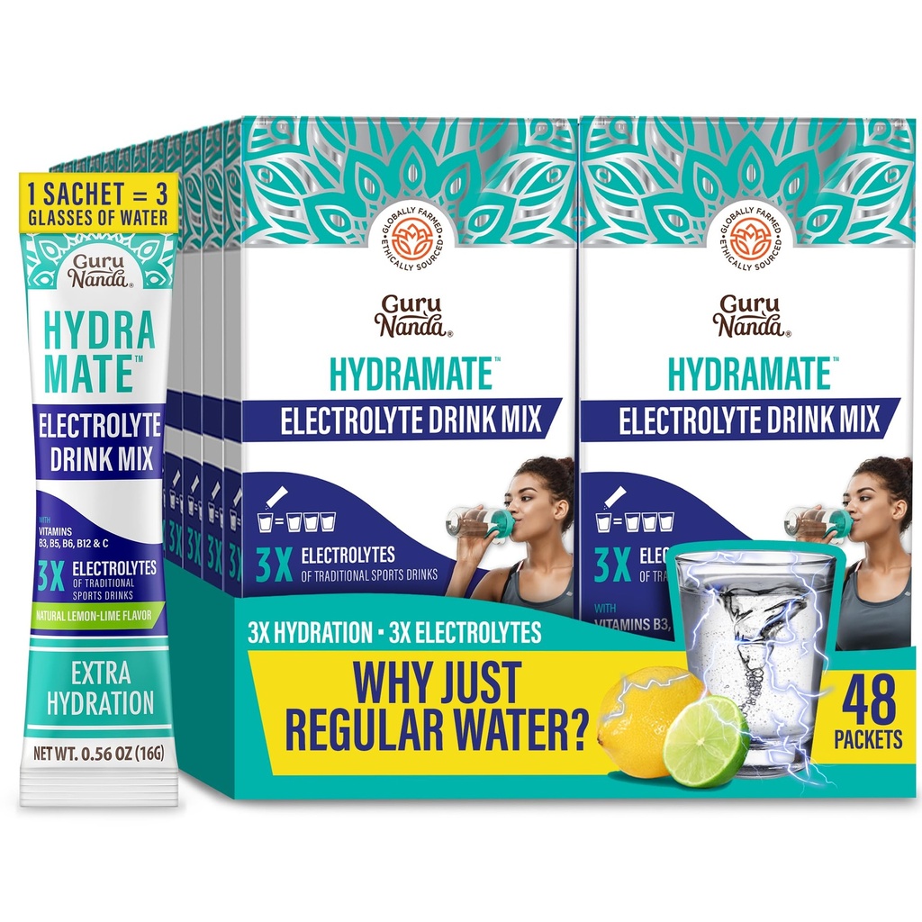 GuruNanda Hydramat Hydration Support Drink Mix - Electrolyte Puder Pakiety do Odwodnienia, Ćwiczenia i Energii - No Added Sweeters, Non-GMO, Natural Lemon Lime Flavor - 48 Count (0.56 oz Każdy)