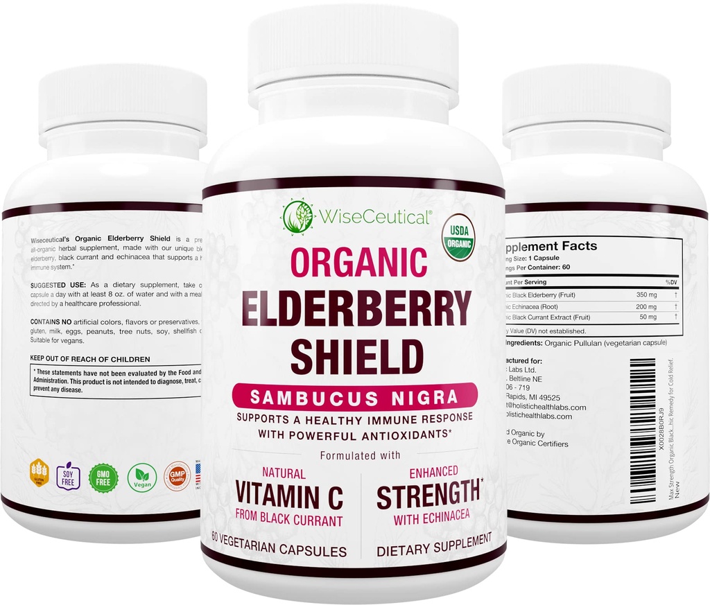 Max Siła USDA Organic Black Elderberry, Czarny ekstrakt z porzeczki & Echinacea 124; 3 w 1 Naturalne wsparcie immunologiczne & Witamina C 124; Bez cukru, Przyjazny weganom 124; Homeopatyczne Remedy 124; 60 Hrabia