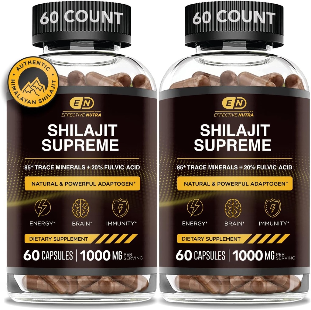 SKUTECZNOŚĆ NUTRA Pure Shilajit Kapsułki dla mężczyzn i kobiet - Pure Himalayan Shilajit dla mężczyzn i kobiet - Wysoka jakość minerałów śladowych i kwasu Fulvic - 10000mg Autentycznego ekstraktu Shilajit na serwowanie (120 Count)