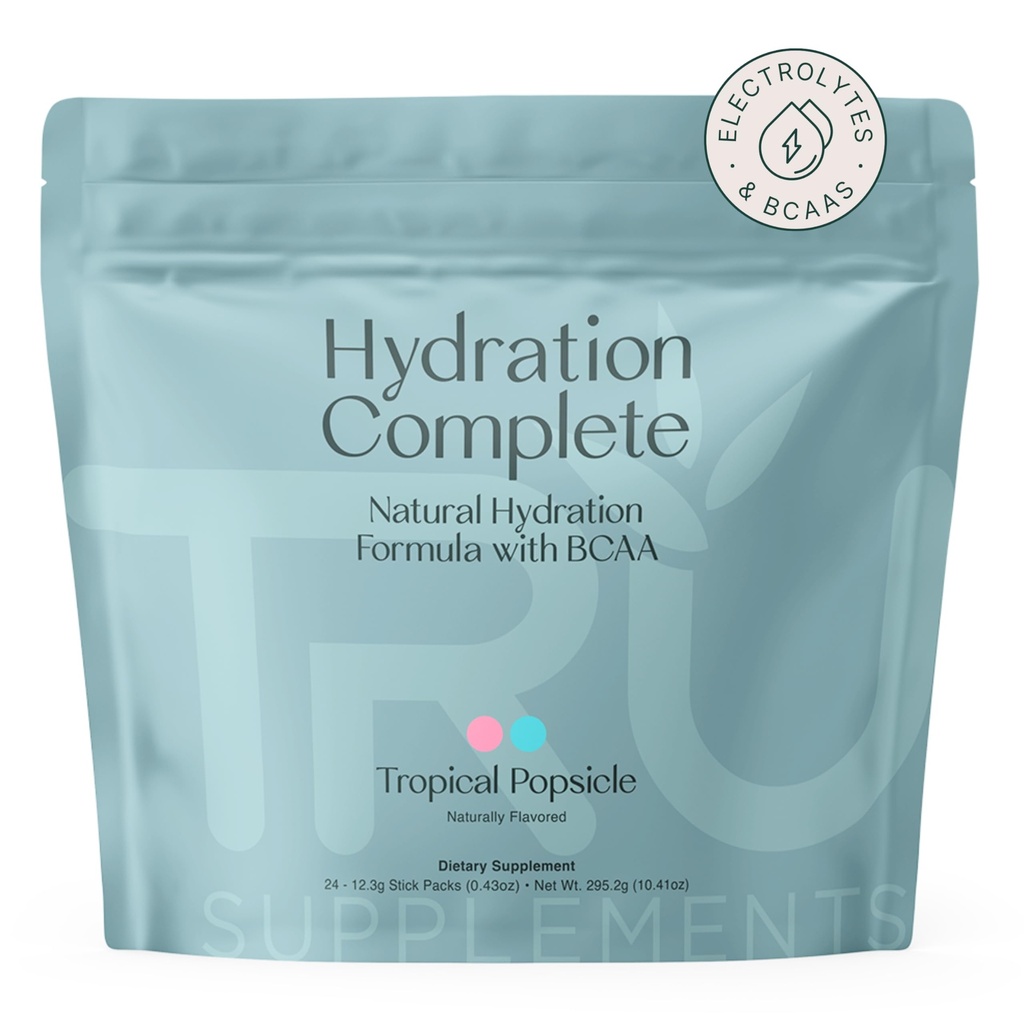 Suplementy TRU Hydration Complete BCAA, Acidy na bazie roślin + Pink Himalayan Sól, Elektrolity i L- Karnityna, Wegan, Zero Kalorii, Brak sztucznych słodzików, 24 Słupki, Tropical Popsicle
