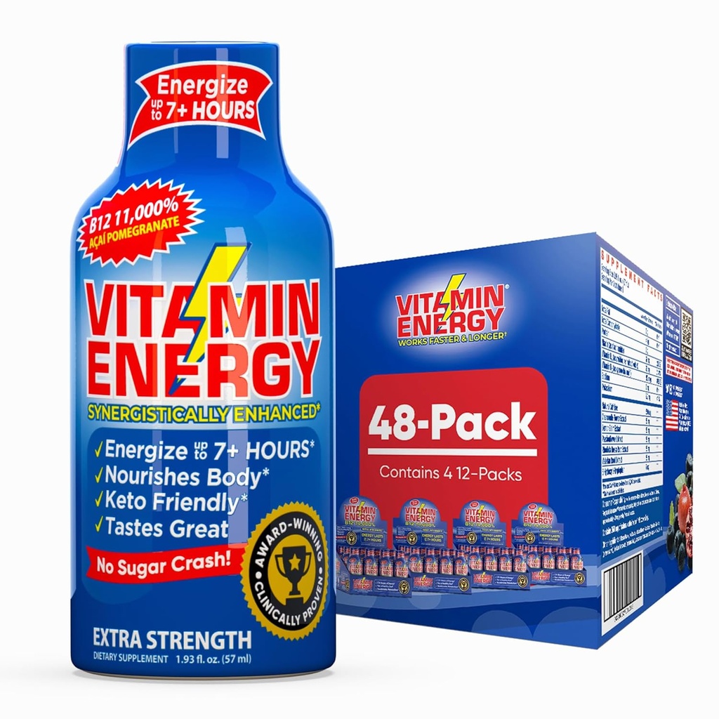 Witamina Energia B12 11,000% Dodatkowa Energia Energy Shot Açaí Pomegranat 48 Pack, 260mg Naturalna kofeina, B12 & B6, Nootropowe Focus, Witalność, Zero Cukier, Gluten- Free, Wegan, Kosher, 1.93 fl oz
