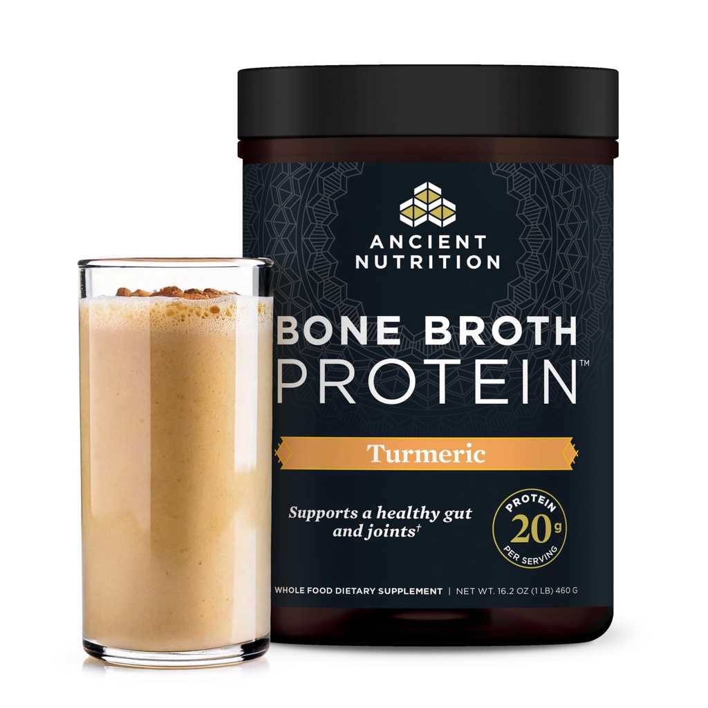 Ancient Nutrition Grass Fed, Cage Free, Bone Broth Protein Powder, 20 g białka, Zhydrolizowany Kolagen Peptydy, Keto & Paleo Friendly, Wspiera Joint & Gut Health, Turmeric, 20 Służenia