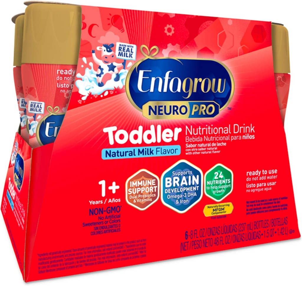 Enfagrow NeuroPro Toddler Drink Nutritional, Made with Real Milk, Brain- Building Omega-3 DHA, Nutrigents and Prebiotics for Growth & Immune Support, Non-GMO, Toddler Milk Powder, 8 Fl Oz, 6 Count