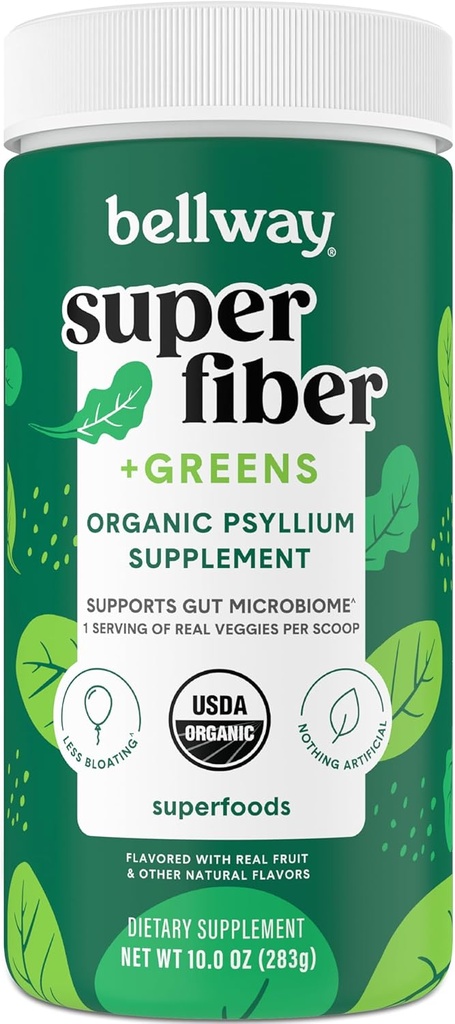 Bellway Super Fiber + Zielony Proszek, Bezcukrowy Pyllium Husk Fiber Suplement Proszek z Super Zielonych (30 Słupki)
