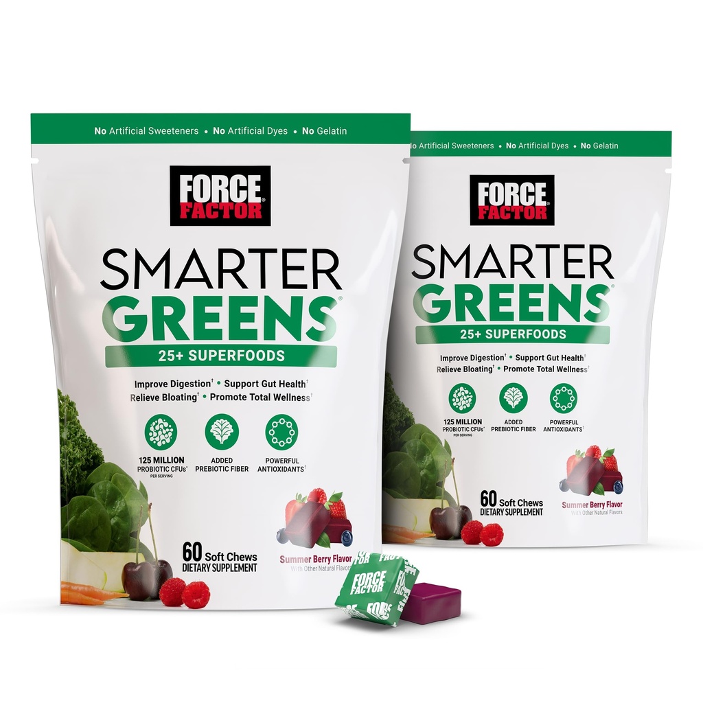 FORCE FAKTOR Smarter Greens Superfood Chews, 2- Pack, Zielone i Superfoods z Probiotyki, Przeciwutleniacze i Fiber, Suplement Zielonych do wsparcia trawienia, tlenku azotu i energii, 120 Soft Chews