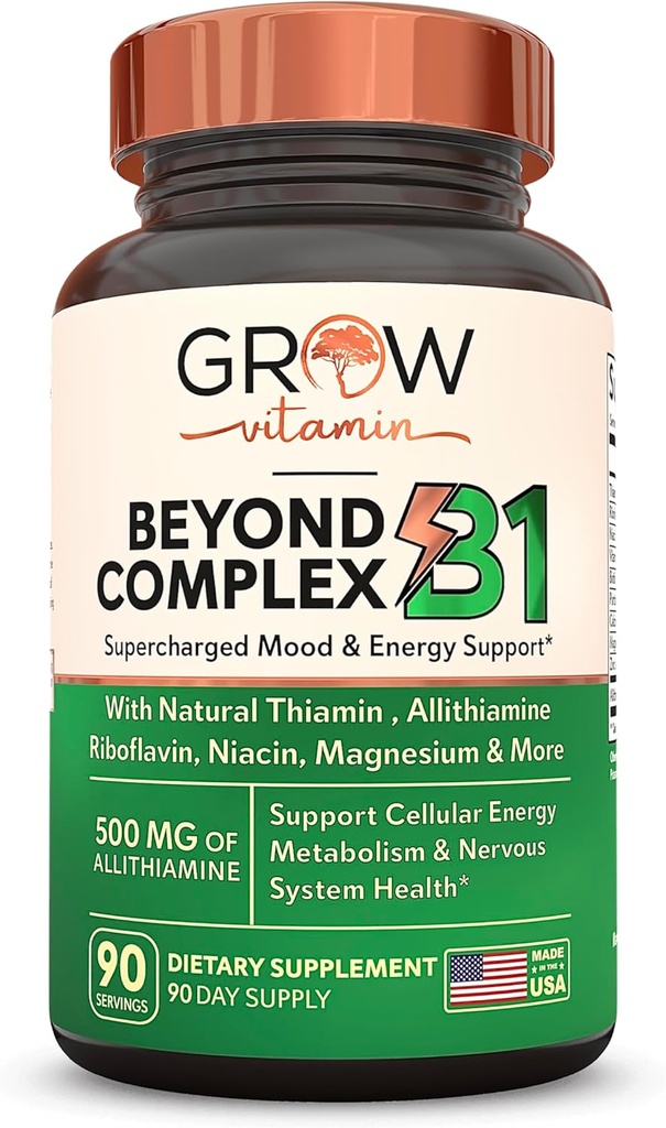 grow vitamin Beyond B1 Complex - Allithiamine Natural Vitamin B1 Supplement with Essential B-Vitamins, Thiamin, Niacin, Biotin, Magnesium & More - Supports Energy, Mood & Nervous System - 90 Capsules