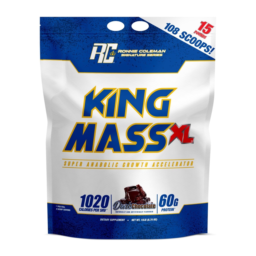 Ronnie Coleman Signature Series King Mass XL Mass Gainer Protein Powder, Muscle Gainer, białka 60g, 180g węglowodanów, 1000 + kalorii, Kreatyna i glutamina, ciemna czekolada, 15 funt