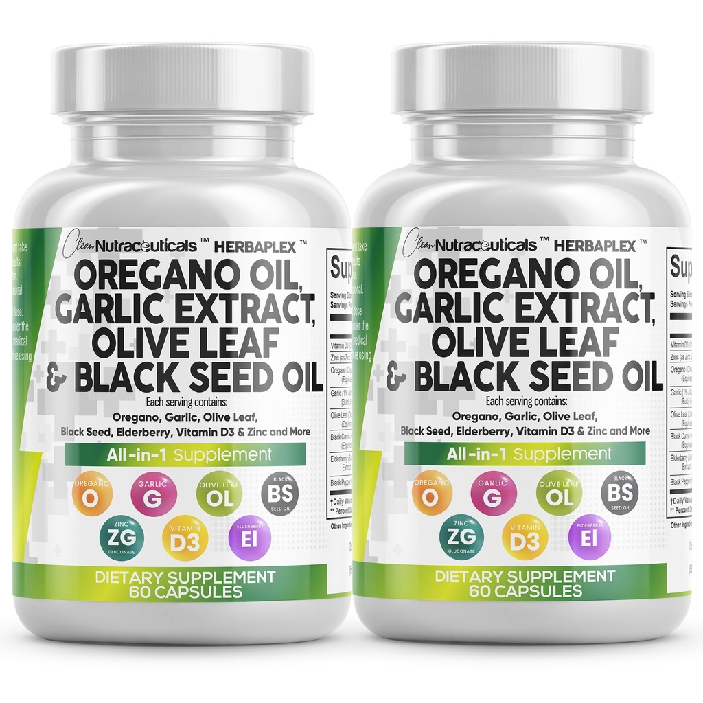 Czysty ekstrakt czosnku Oregano Oil Olive Leaf Black Seed Oil - immunologiczne wsparcie i suplement diety dla kobiet i mężczyzn z witaminą D3 i cynku - 2Pack