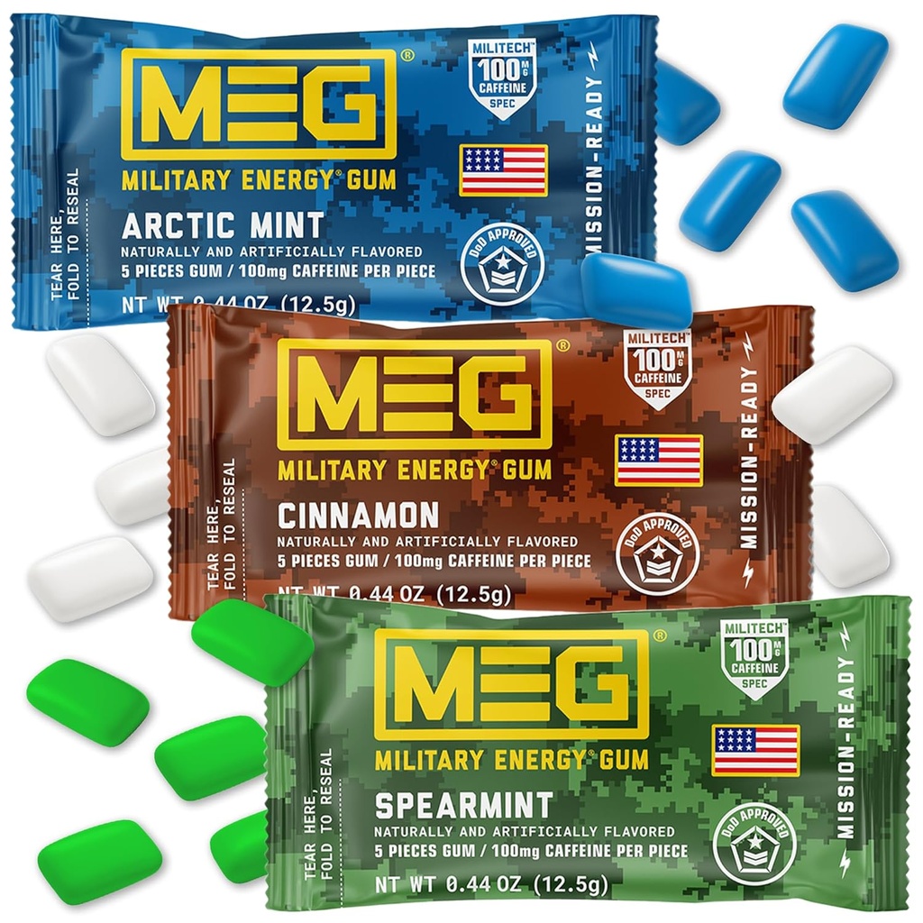 MEG Gum - Military Energy Gum Support 124; 100mg kofeiny na kawałek - 15 sztuk Próbka Pack - Energia i skupić się na zwiększeniu wydajności