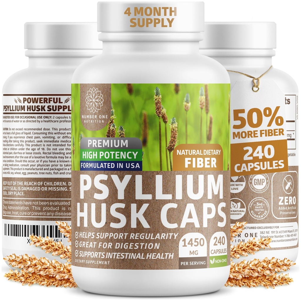 N1N Premium Psyllium Husk Kapsułki [Wszystkie naturalne, 1450 MG] Potężny Solvable Fiber Suplement do wsparcia regularności i zdrowia trawiennego, 240 Czapki