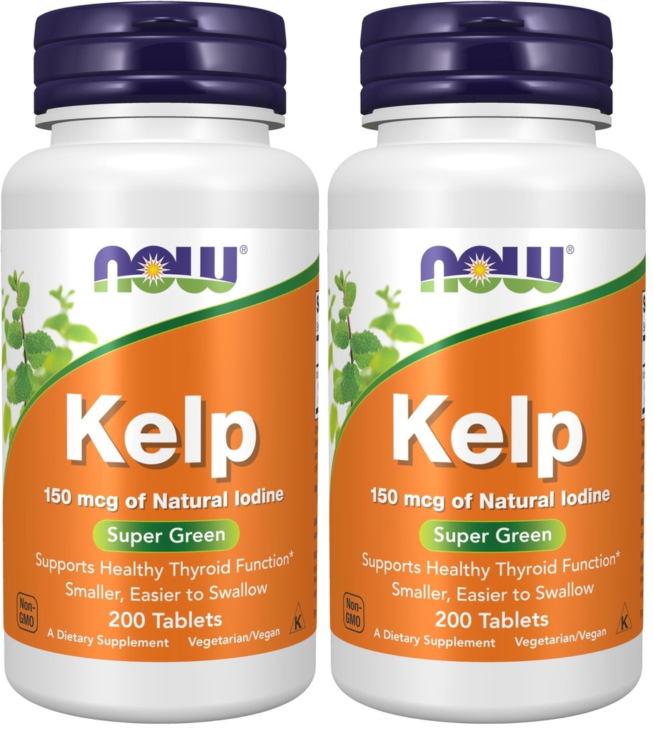 Teraz suplementy, Kelp 150 µg naturalnego jodu, łatwiej połykać tabletkę, Super zielony, 200 tabletek (Opakowanie 2)