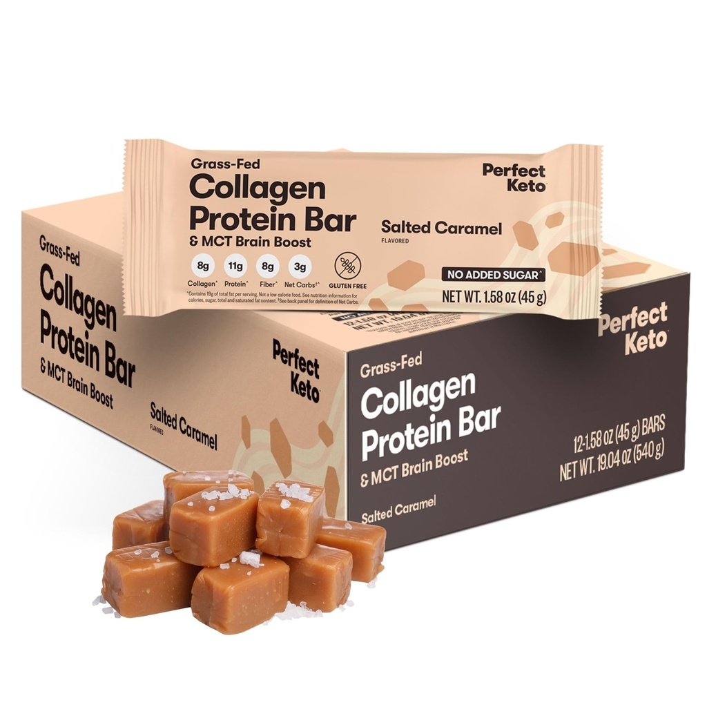 Perfect Keto Bars - Najczystsze przekąski Keto z Collagen i MCT. No Added Sugar, Keto Diet Friendly - 3g Net Carbs, 19g Fat, 11g Protein - Dieta Food Desert (Salted Karmel, 12 Barów)