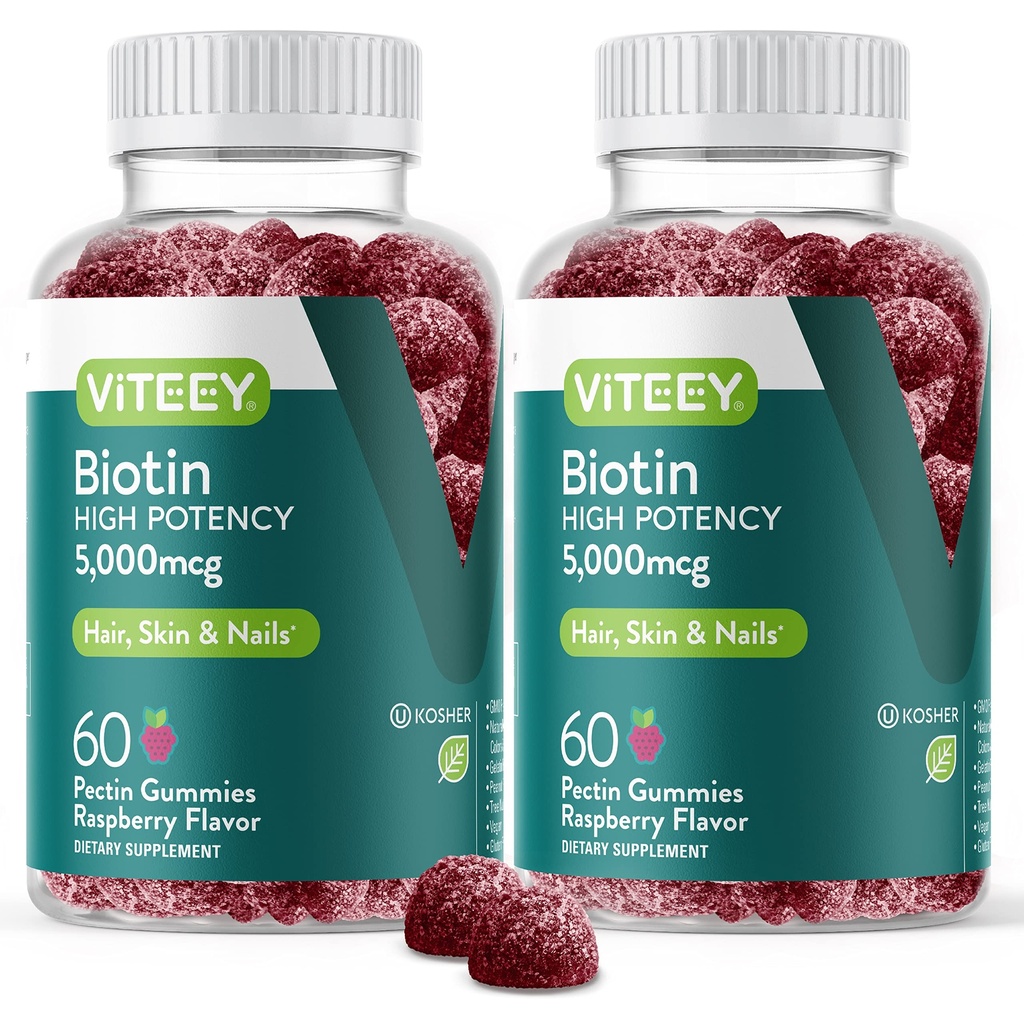VITEEY Gummeje do włosów skóry i paznokci - Biotin do wzrostu włosów Gummeje - 5000 µg - Wegan, Gluten- Free, Non-GMO - 120 Count