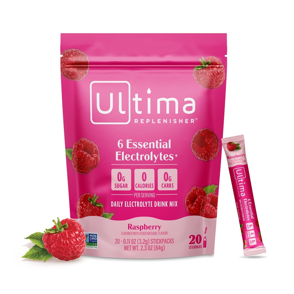 Ultima Replenisher Daily Electrolyte Powder Drink Mix - Sugar Free - Malina, 20 Stickpack - Pakiety nawadniające z 6 Kluczowe elektrolity i Minerały śladowe - Keto Friendly, Wegan, Non-GMO