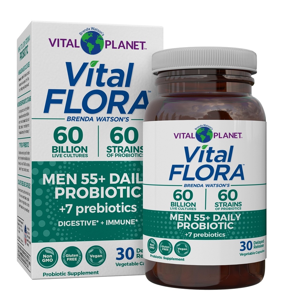 Vital Planet - Vital Flora Men 55 + Daily Probiotic, 60 Billion CFU, 60 Diverse Strains, 7 Organic Prebiotyki, Immune Support, Gas Relief, Colon i Digestive Health Probiotyki dla mężczyzn 30 Kapsułki