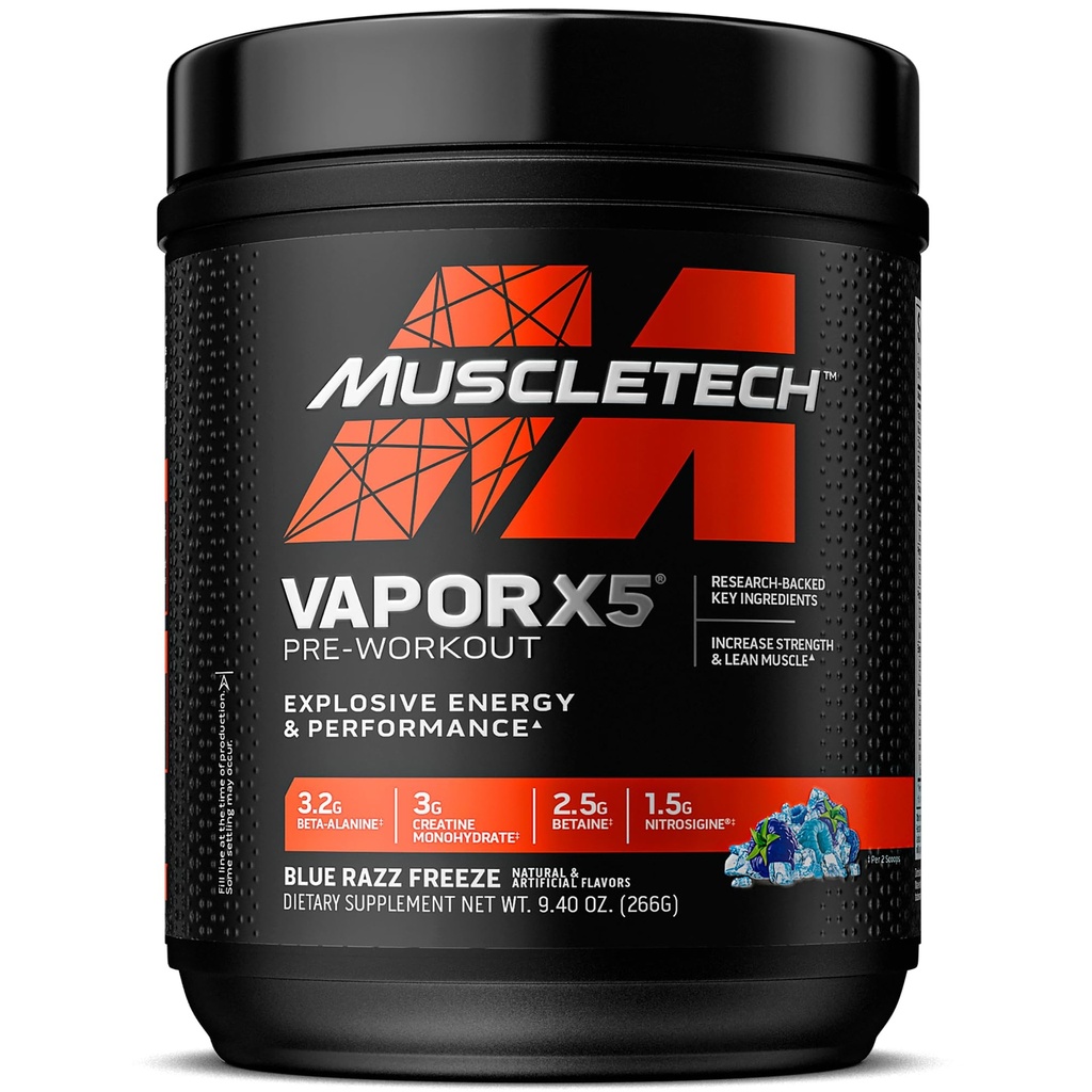 MuscleTech Pre- Workout Powder, Vapor X5 - Sports Nutrition Muscle Building Supplements for Women & Men - Intensywny pompa mięśniowa Energy Powder Drink Mix - Blue Razz Freeze, 266g (30 Servings)