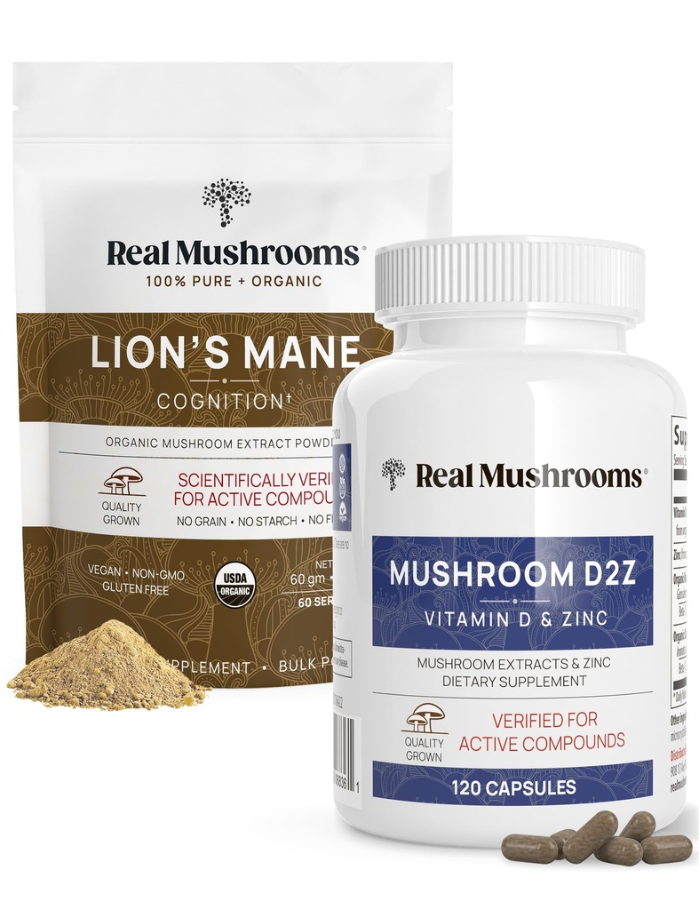 Real Mushrooms Witamina D2, Chelated Cynk, Chaga, Reishi (120ct) i Organic Lion 's Mane Powder (60 Servings) Bundle - Immunitet i wsparcie kognitywne, Lepsza absorpcja - Wegan, Gluten Free, Non-GMO