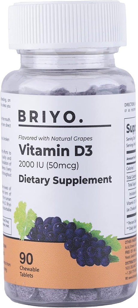 Briyo Witamina d3 tabletki do żucia - 2000 j.m. (50 μg na porcję) - Pyszne Naturalny Flavor Grape, 90 Count